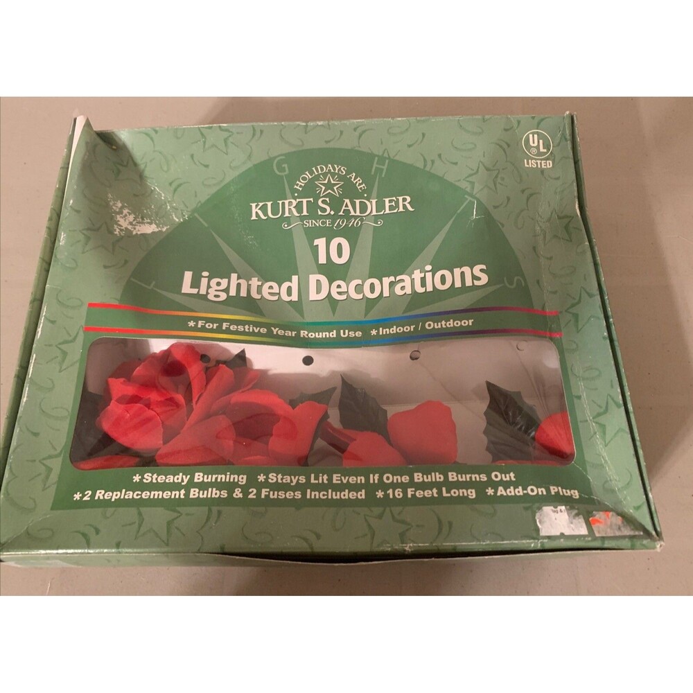 Vintage Kurt Adler Red Silk Roses Light Set 10 Indoor Outdoor NOS